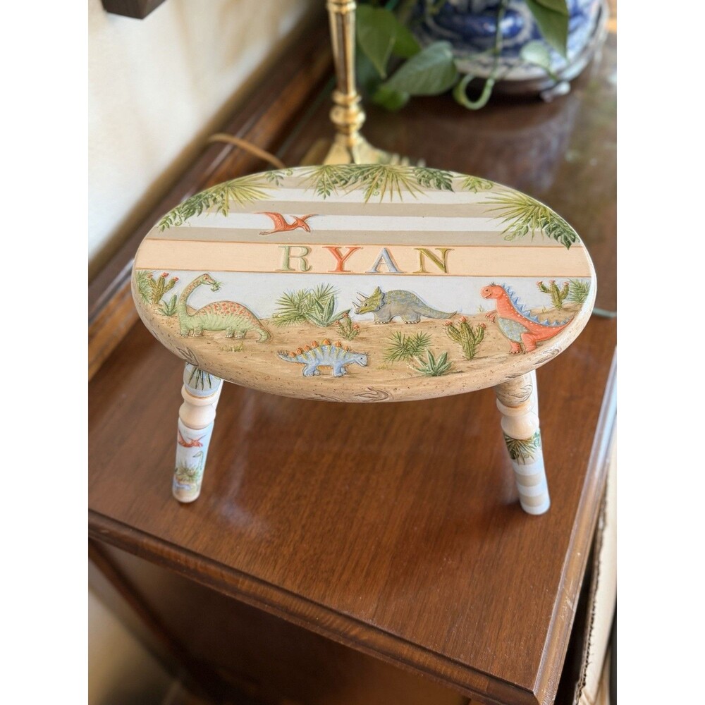 Kid’s Dinosaur Step Stool Name “RYAN” Hand Painted Bathroom 8” Tall Boy Wooden